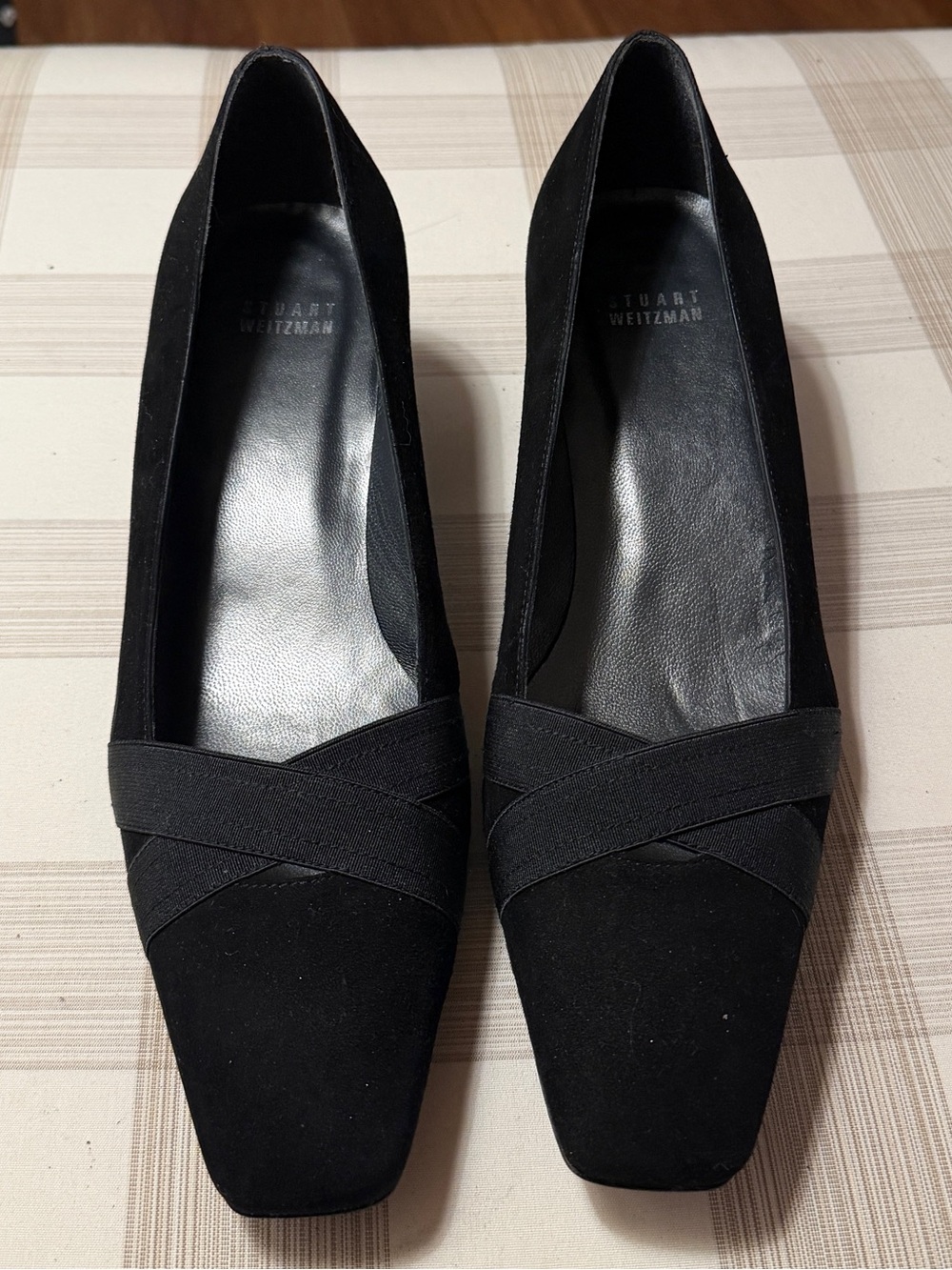 Vintage Stuart Weitzman Black Suede Square-Toe Crossband Pumps